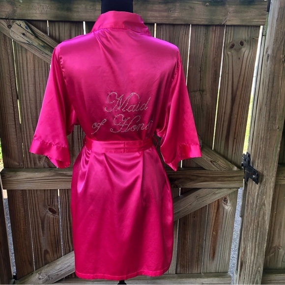 Maid of Honor Rhinestone Fuchsia Pink Satin Robe & Belt David’s Bridal Size S-M - Picture 2 of 7